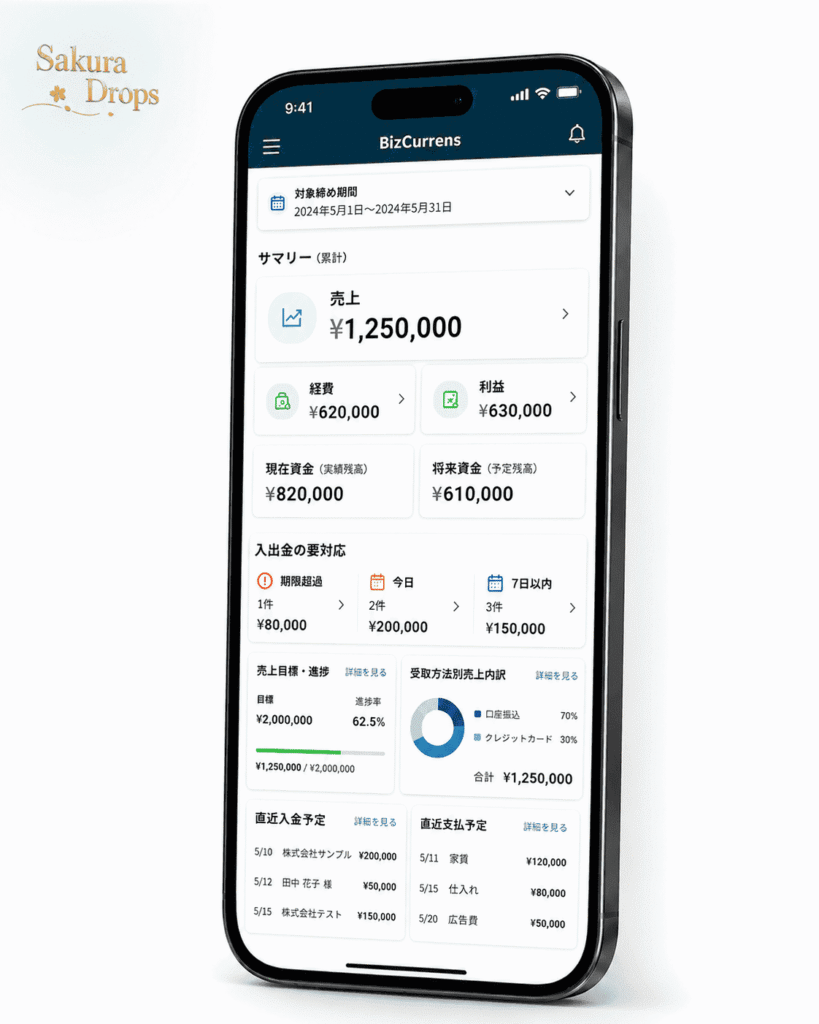 BizCurrensの収支管理画面イメージを表示したスマートフォン