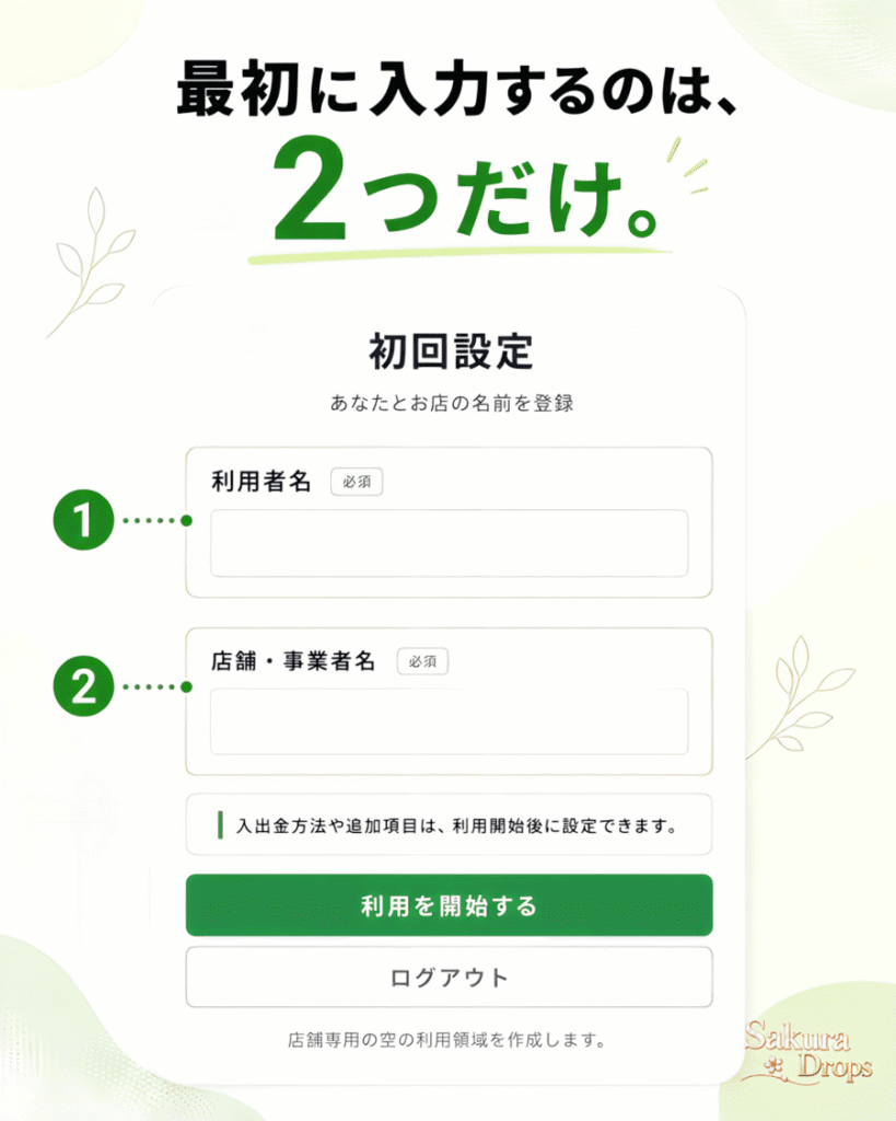 BizCurrensの初回設定画面。利用者名と店舗・事業者名の2項目を入力して利用を開始する