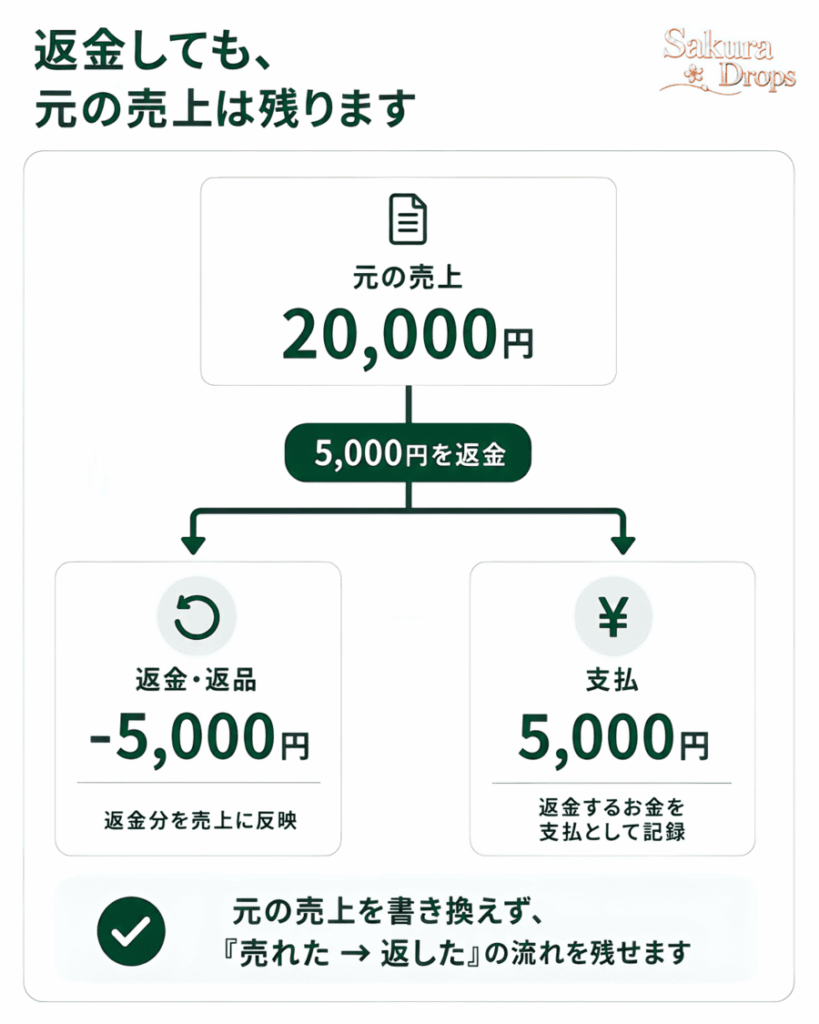 元売上2万円を残したまま、5千円の返金を売上にマイナス5千円、支払に5千円として記録する流れを示した図