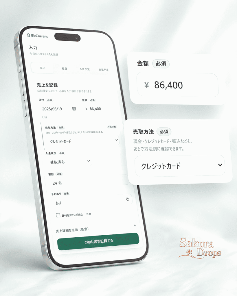 BizCurrensの入力画面。売上の金額や受取方法などを入力して記録する画面