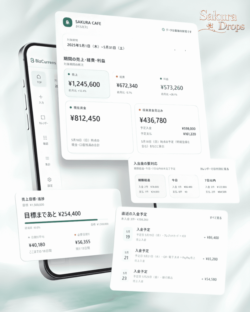 BizCurrensのTOP画面。売上・経費・利益、現在資金、将来資金、入出金予定を一覧表示